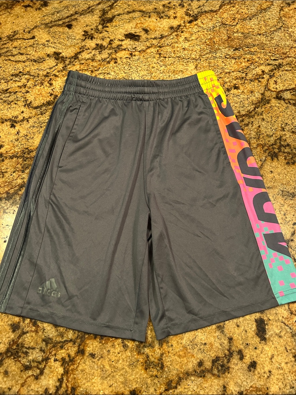 adidas Gray Athletic Shorts with Neon Multicolor Side Stripe